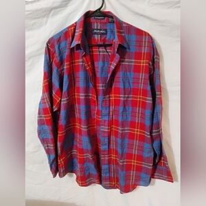 Vibrant Red and Blue Plaid Women's Button Down Shirt